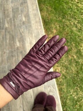 Coach Plum Leather Gloves with Bow Accent
